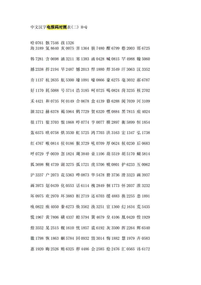 [汉字电报码对照表大全]汉字电报码对照表大全查询